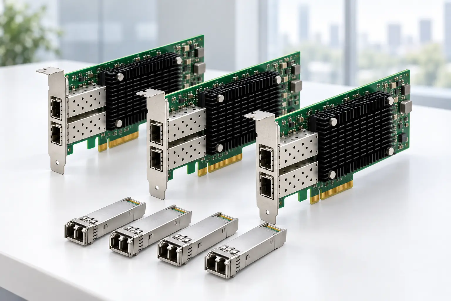 Illustration publicitaire d’un lot de cartes serveur et de modules SFP présentés dans un bureau lumineux